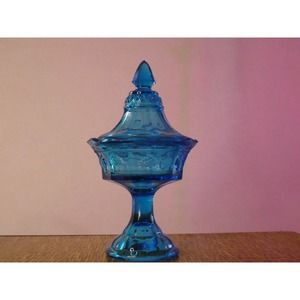 Indiana Glass Tiara Colonial Blue Candy Compote Dish Strawberry Leaves Motif 9”